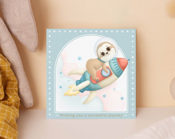 Back To School Card Graduation Rocket Sloth Greeting Baby Animal Mini Art Print 5x5 Square