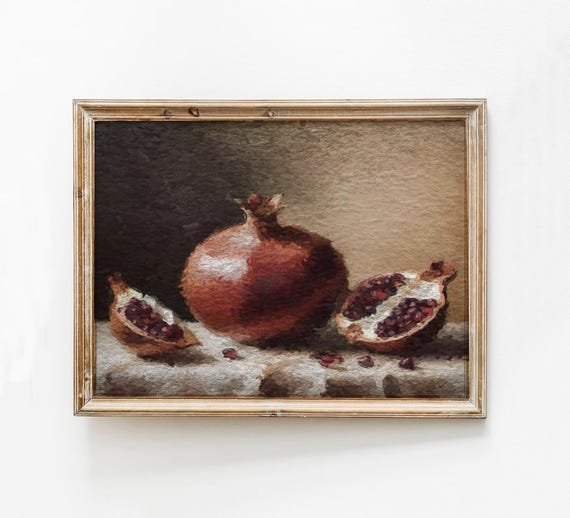 Moody Pomegranate Wall Art Fruit Still Life Oil Painting Dark Burgundy Horizontal Kitchen Print Rustic Fall Decor