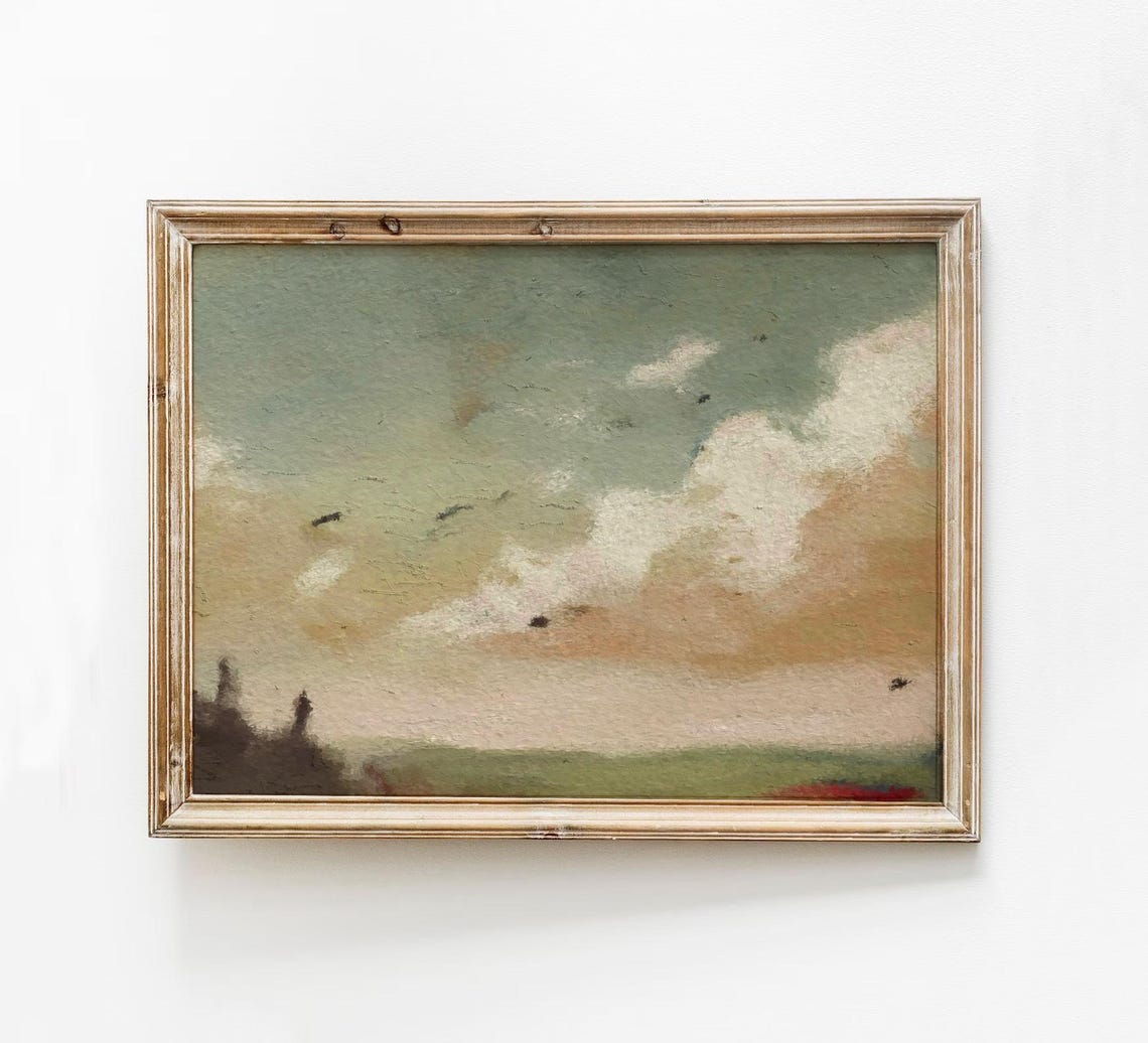 Muted Vintage Cloud Sky Landscape Painting With Birds Poster