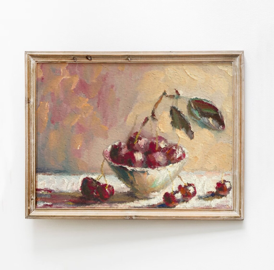 Vintage Cherry Bowl Still Life Painting Impressionist Kitchen Fruit Poster