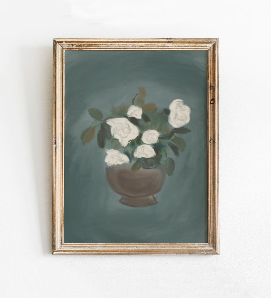 White Roses In Brown Vase Sage Green Background Floral Painting Print