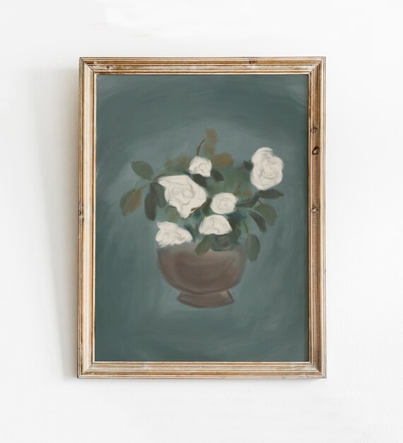 White Roses In Brown Vase Sage Green Background Floral Painting Print