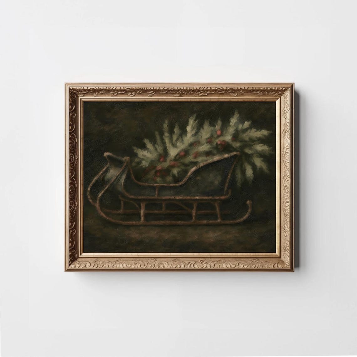Antique Sleigh With Pine And Berries Dark Christmas Wall Art