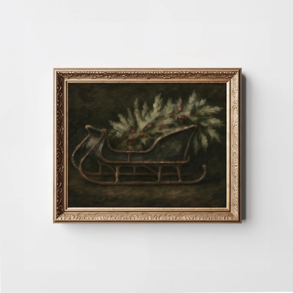 Antique Sleigh With Pine And Berries Dark Christmas Wall Art