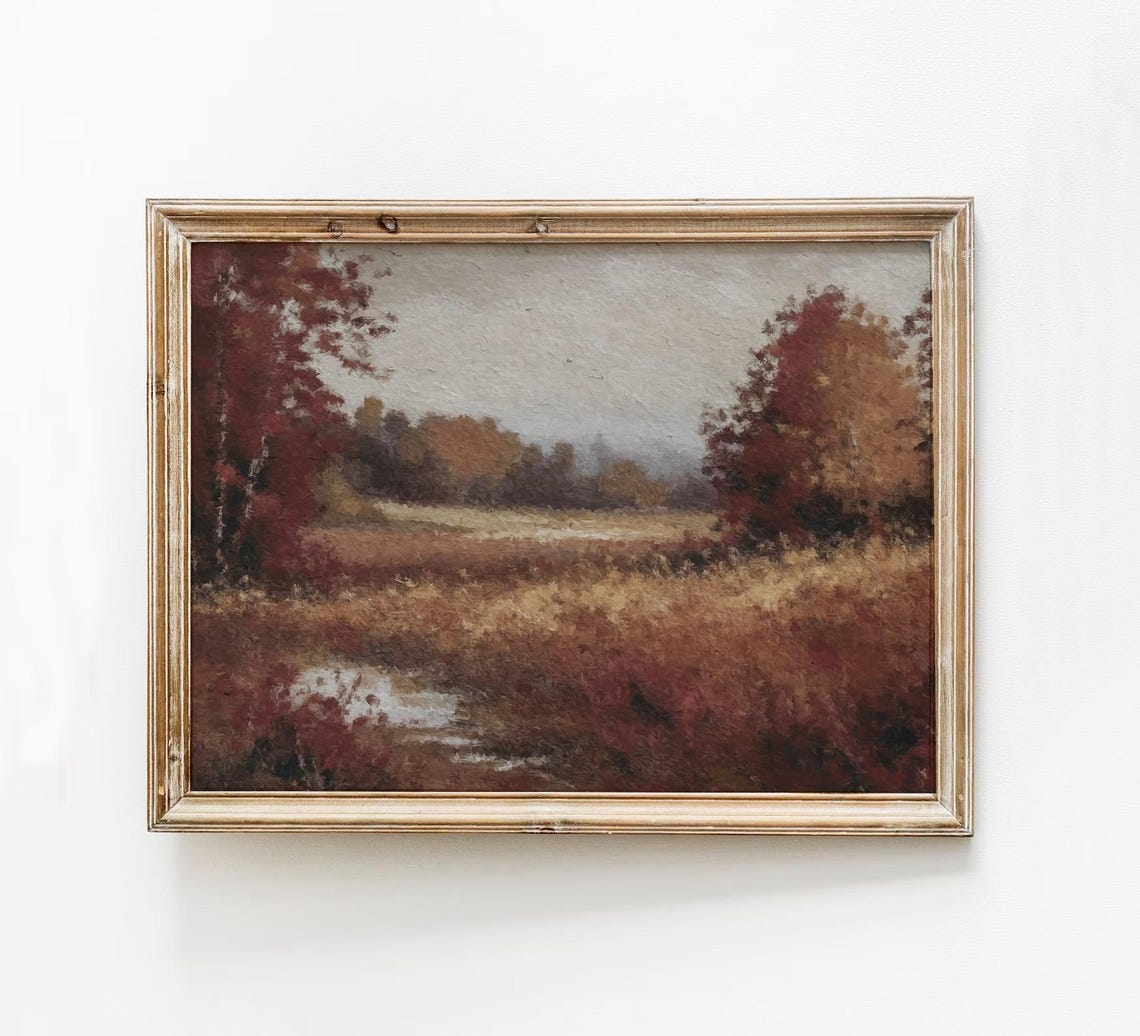 Dark Moody Autumn Landscape Oil Painting Burgundy Fall Fields Print