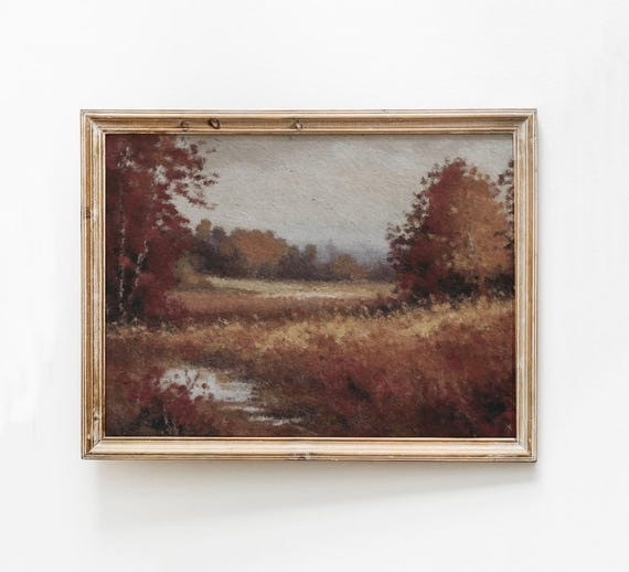 Dark Moody Fall Art Print Burgundy Vintage Landscape Wall Rustic Decor Autumn Maroon Nature Painting Instant