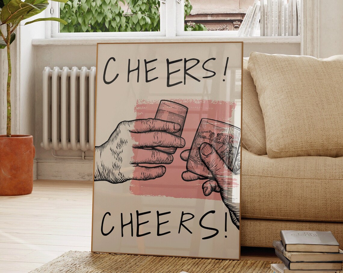 Cheers Shot Glasses Poster Bar Cart Art Hand Drawn Party Decor