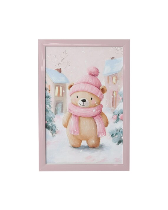 Teddy Bear In Pink Knit Hat And Scarf Snowy Village Kids Poster