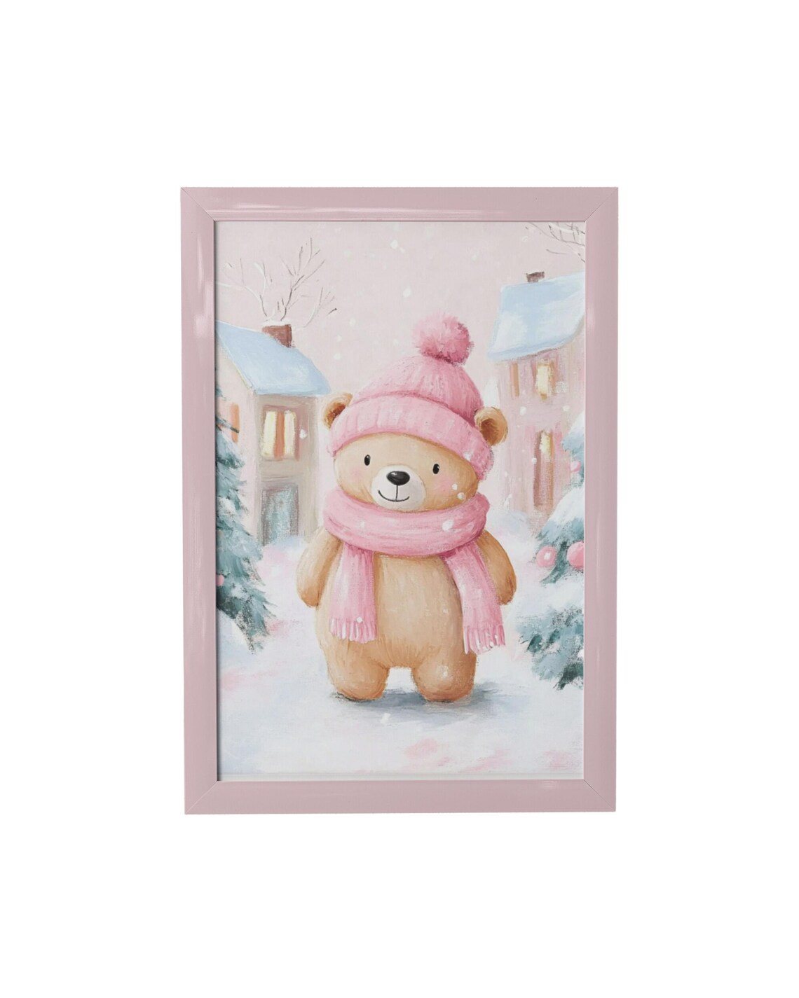Teddy Bear In Pink Knit Hat And Scarf Snowy Village Kids Poster