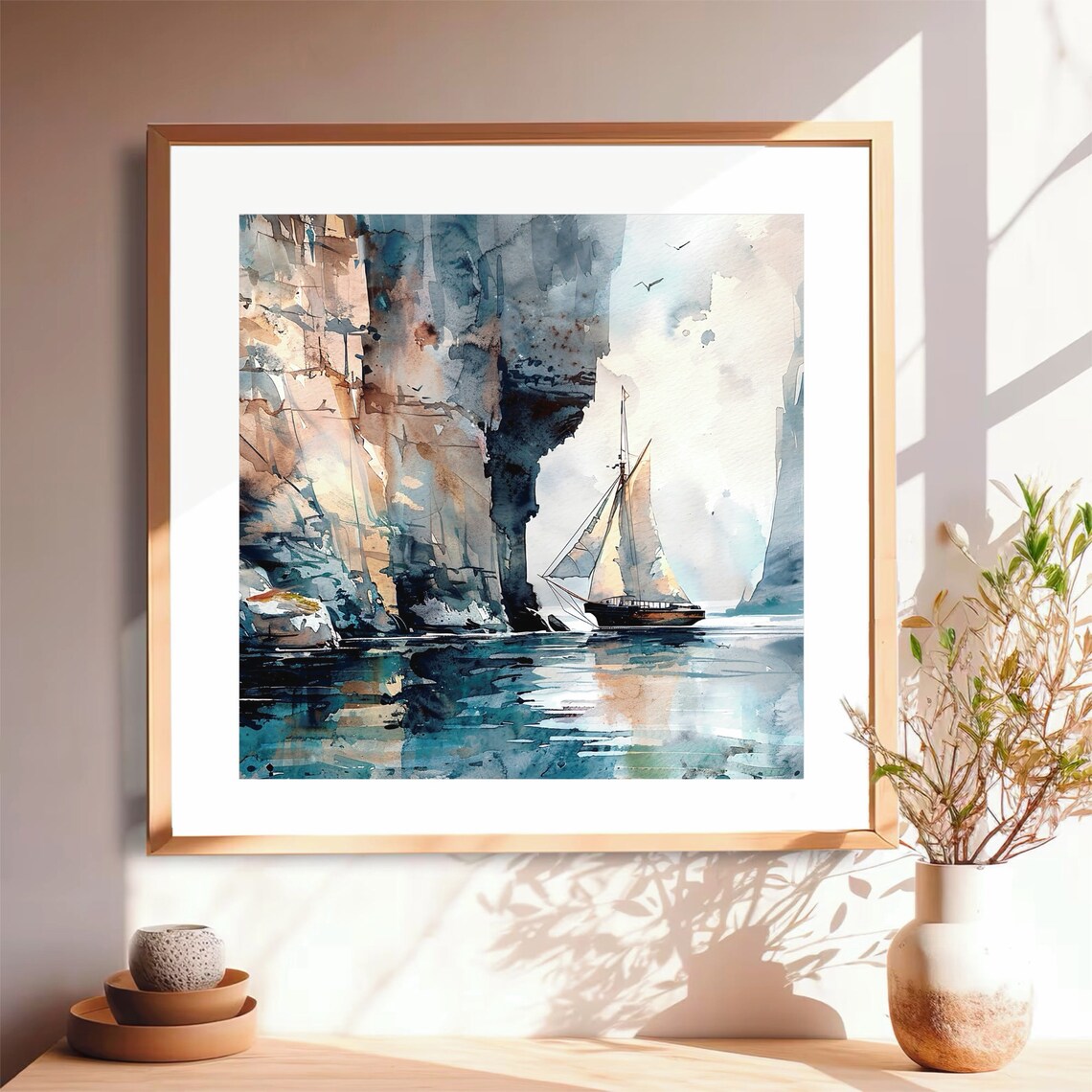 Irish Cliffs With Sailing Boat Watercolor Art Print - Image 2