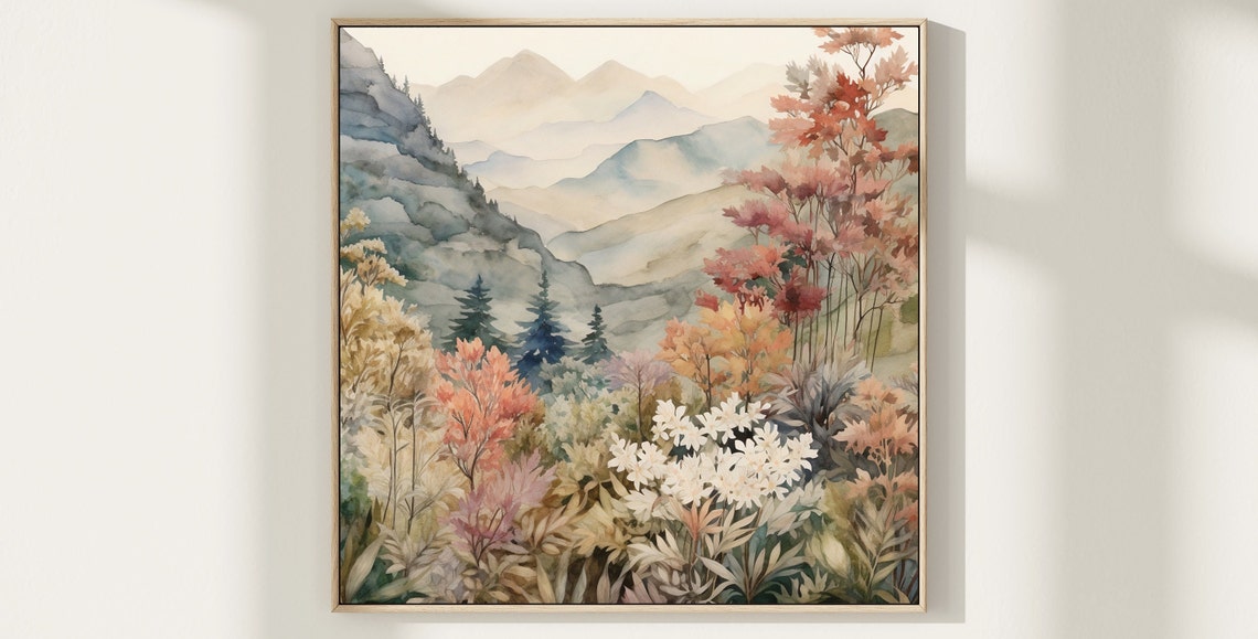 Autumn Mountain Valley Fall Foliage Wildflowers Watercolor Poster