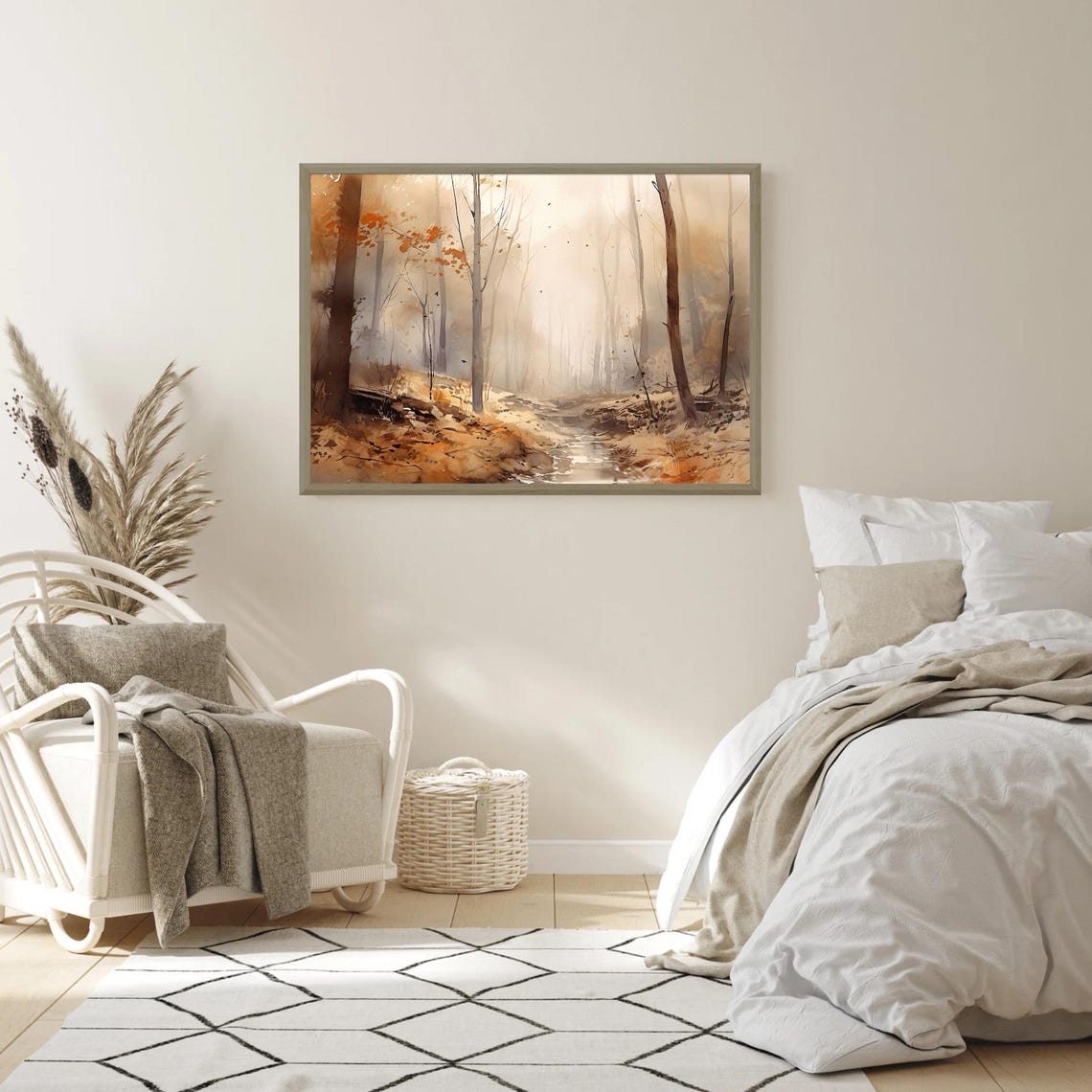 Misty Autumn Forest Path Tall Trees Golden Watercolor Woodland Poster - Image 5