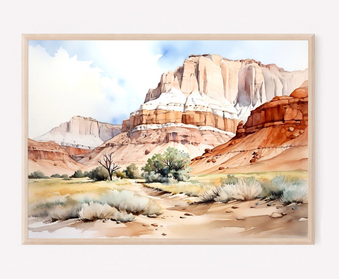 Red Rock Desert Canyon Watercolor with Cliffs and Shrubs Poster