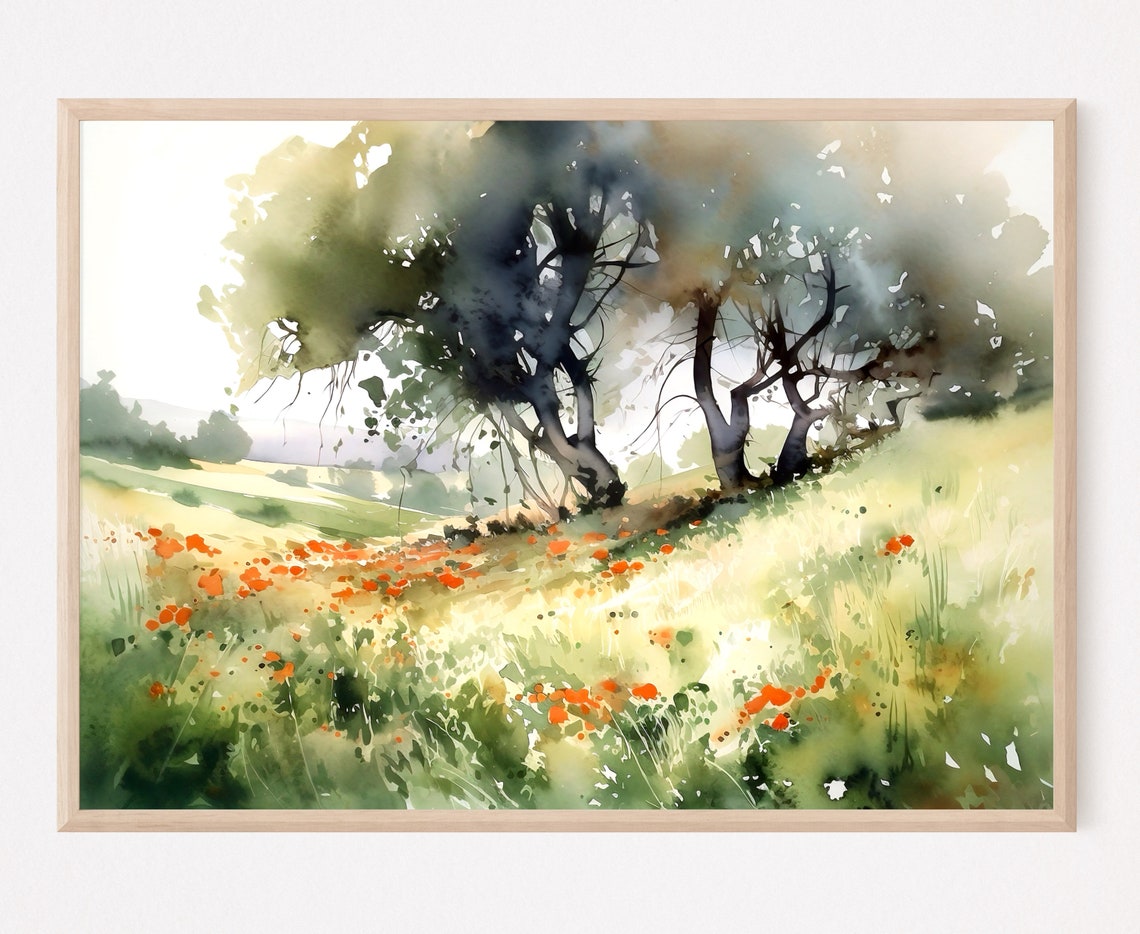 Sunlit Hillside Old Trees Orange Poppy Meadow Watercolor Poster