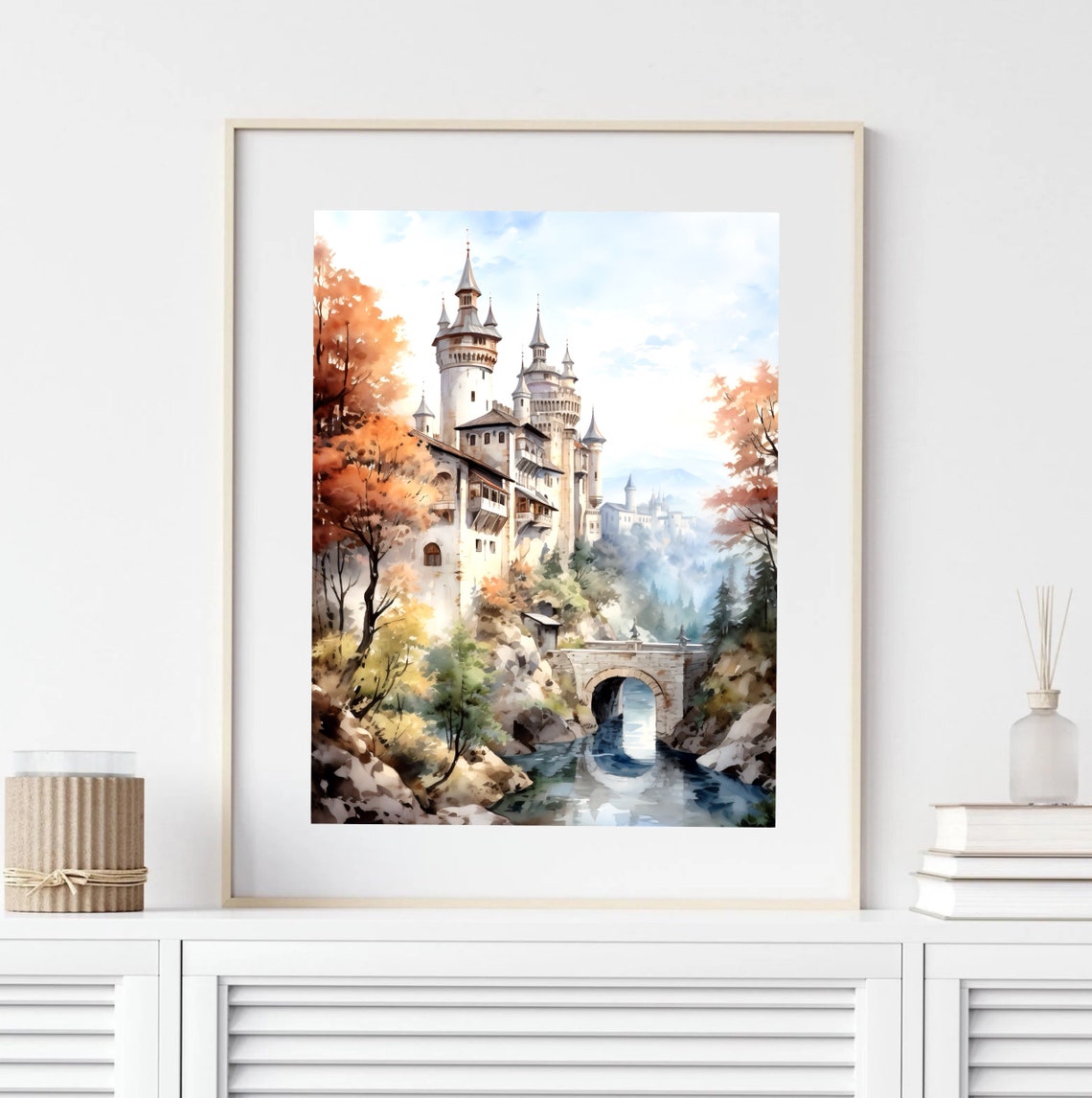 Fairytale Castle Watercolor with Stone Bridge River and Trees Poster - Image 2