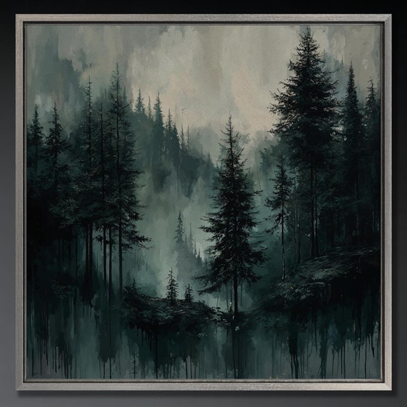 Misty Forest Landscape Art Print, Dark Woods