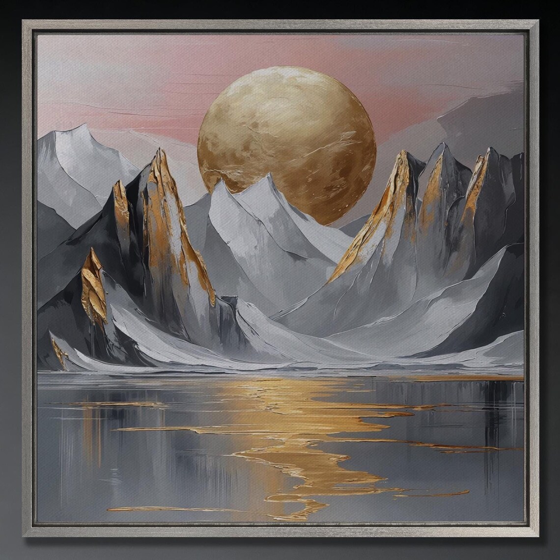 Giant Golden Moon Over Snowy Gray Peaks at Dusk Mountain Poster