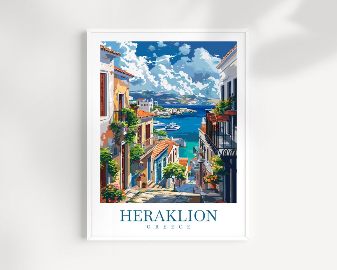 Heraklion Greece Travel Poster - Sunlit Harbour Street with Balconies
