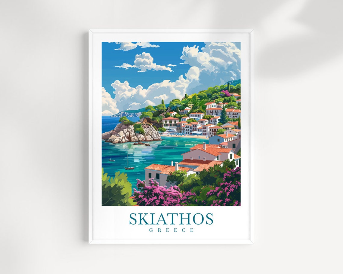 Skiathos Harbor Greece Red Roofs Bougainvillea Village Poster