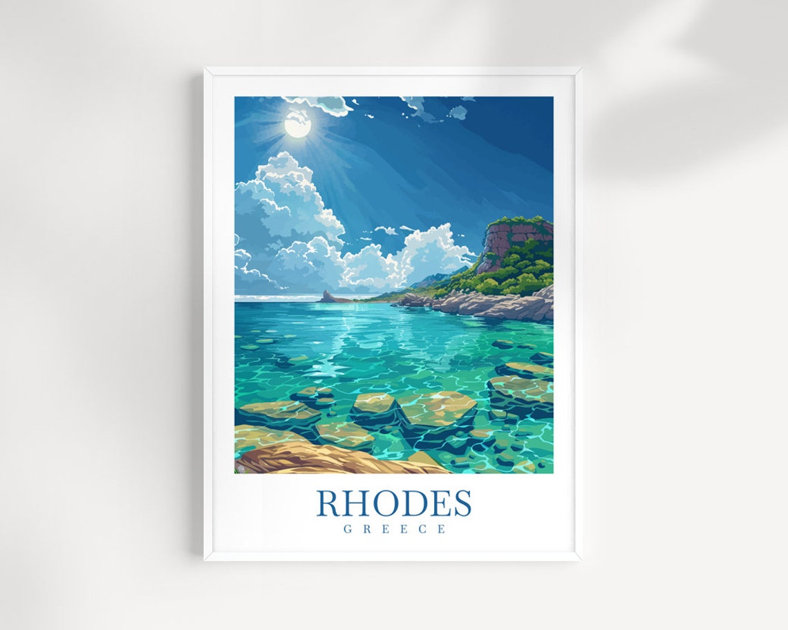 Rhodes Greece Turquoise Bay Rocky Cliffs Island Seascape Poster