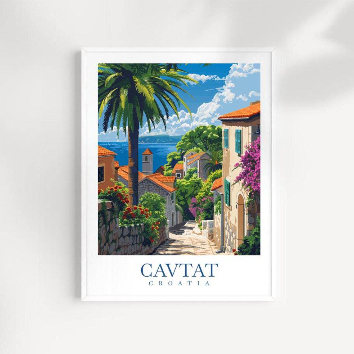 Cavtat Croatia Travel Poster Sunny Palm Street Mediterranean Coast Art