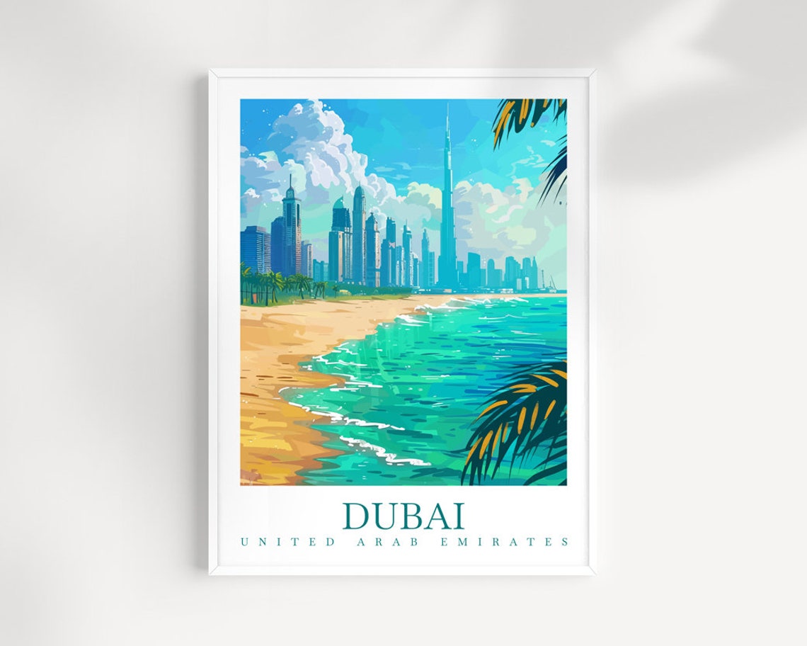 Dubai United Arab Emirates Beach Burj Khalifa Skyline Travel Poster