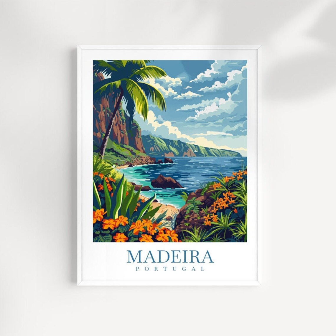 Madeira Portugal Cliff Coastline Palm Trees and Flowers Travel Poster