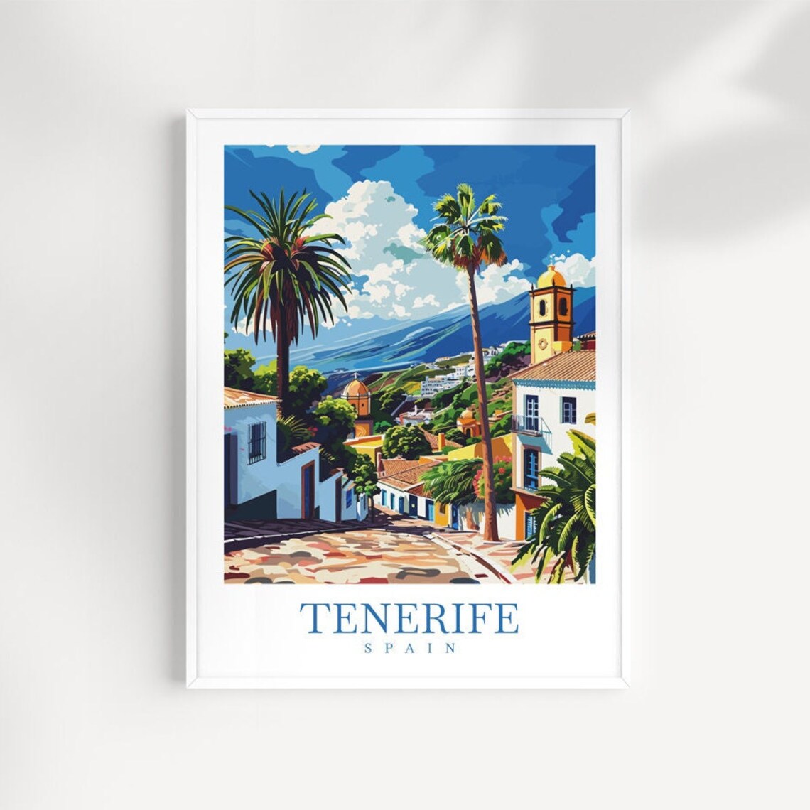 Tenerife Spain Sunny Palm Street Church Colonial Town Poster