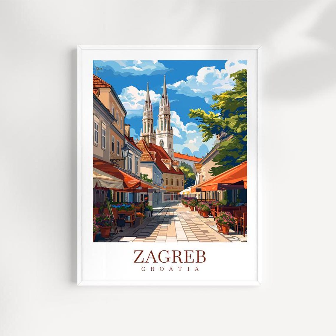 Zagreb Croatia Cafe Lined Old Town Street And Cathedral Poster