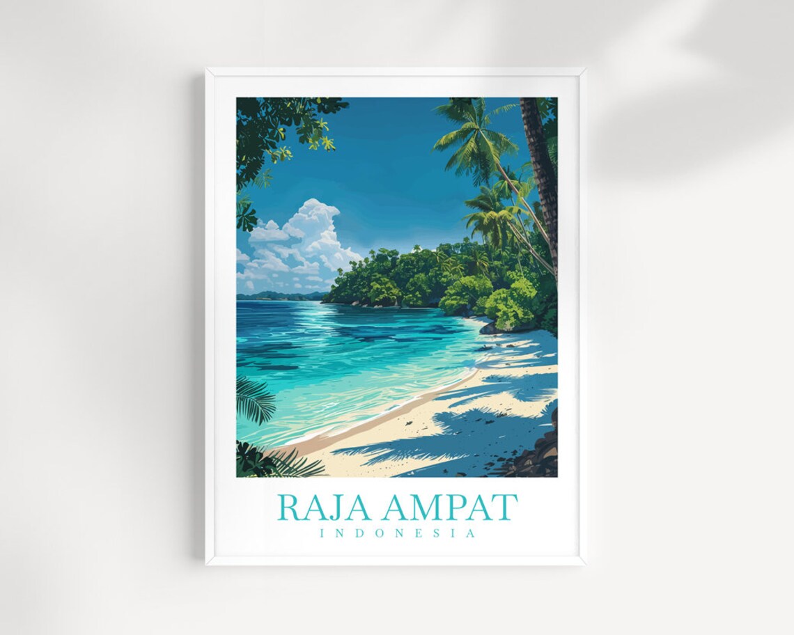 Raja Ampat Indonesia Turquoise Beach Palm Trees Tropical Travel Poster