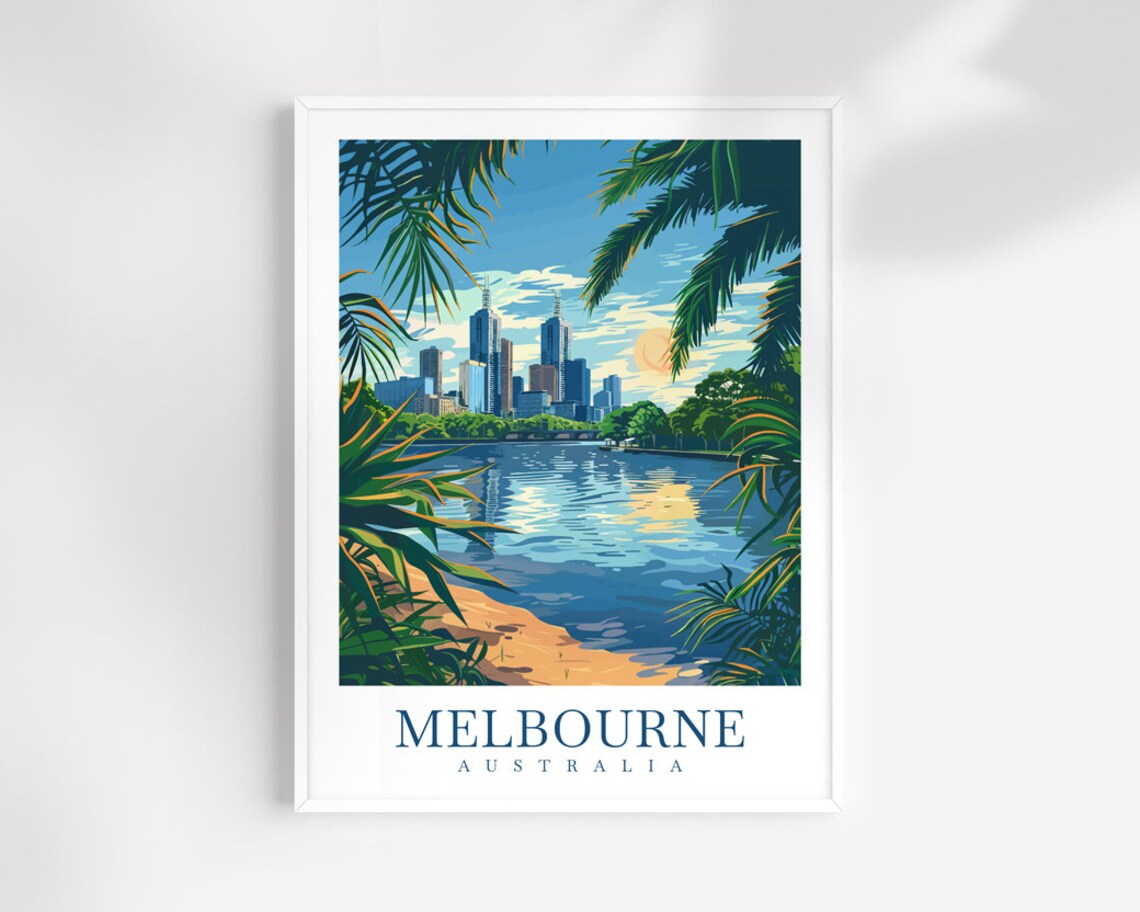 Melbourne Australia Skyline River Palm Trees Travel Wall Art