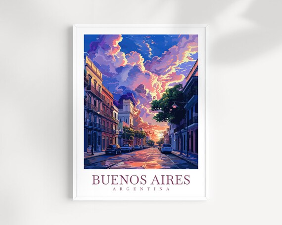 Buenos Aires Argentina Historic Street Pink Sunset Travel Poster