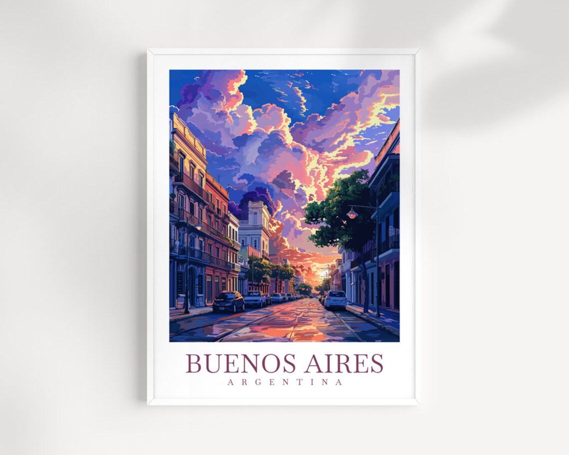 Buenos Aires Argentina Historic Street Pink Sunset Travel Poster
