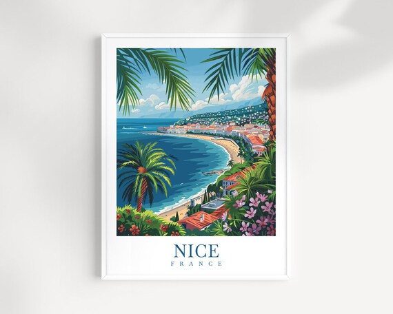 Nice France Curved Beach Palm Trees Flower Garden Art Poster