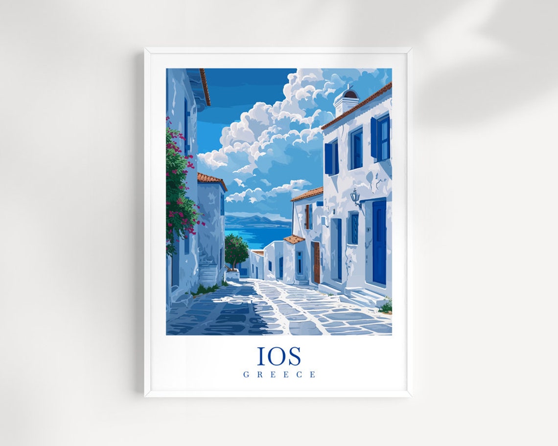Ios Greece Whitewashed Island Lane Blue Doors Cyclades Travel Poster