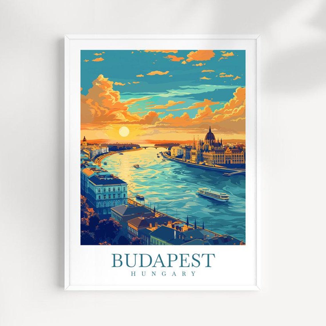 Budapest Hungary Sunset Poster Danube River Parliament View Art