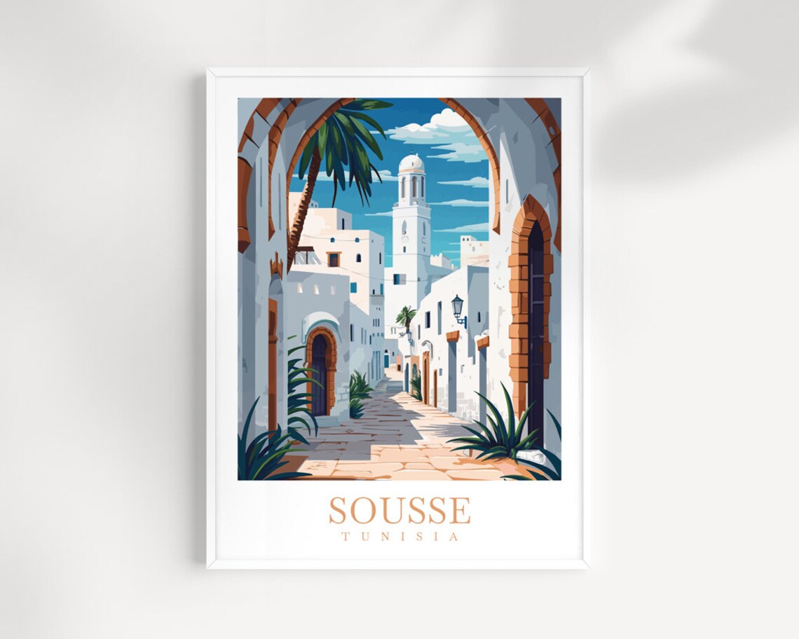 Sousse Tunisia Whitewashed Medina Street Mosque Old Town Travel Poster