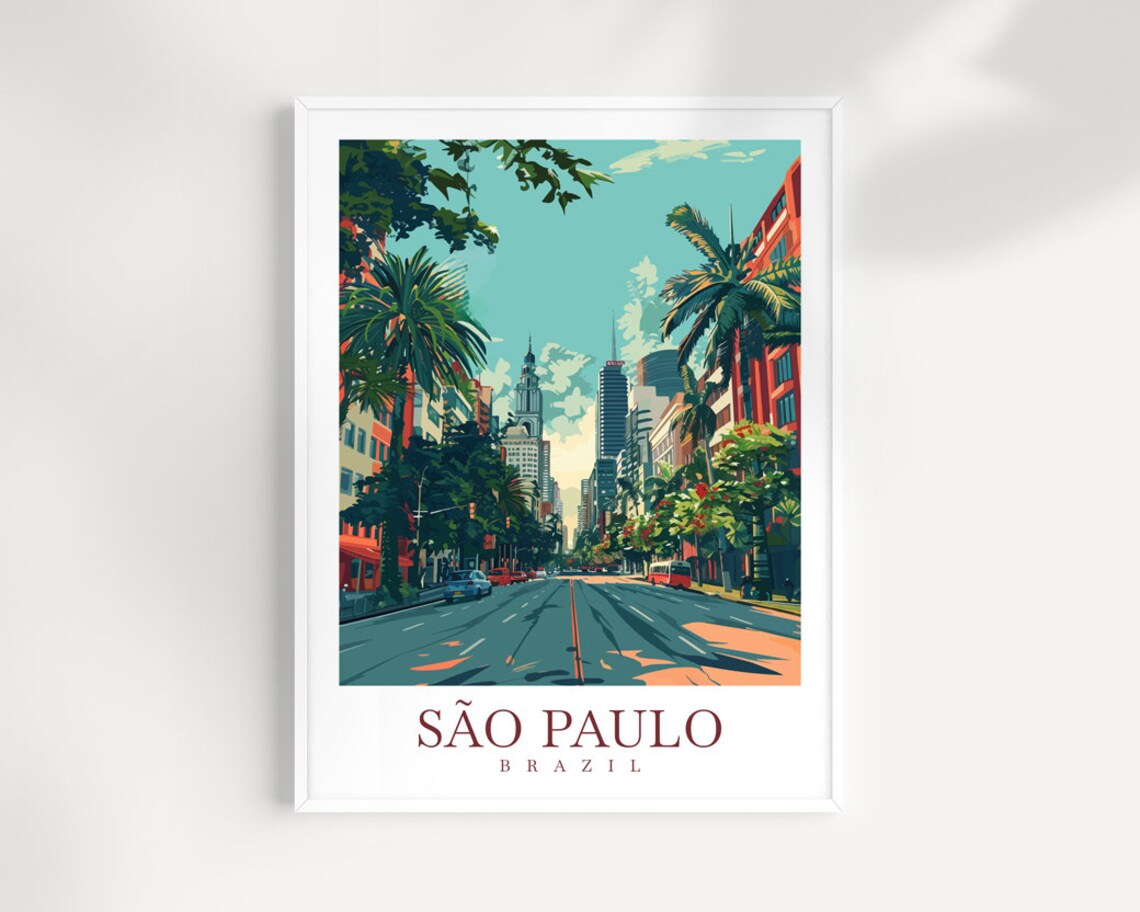 São Paulo Brazil Palm Avenue Skyscrapers Vintage City Travel Poster
