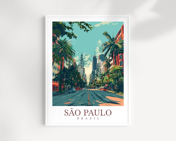 São Paulo Brazil Palm Avenue Skyscrapers Vintage City Travel Poster