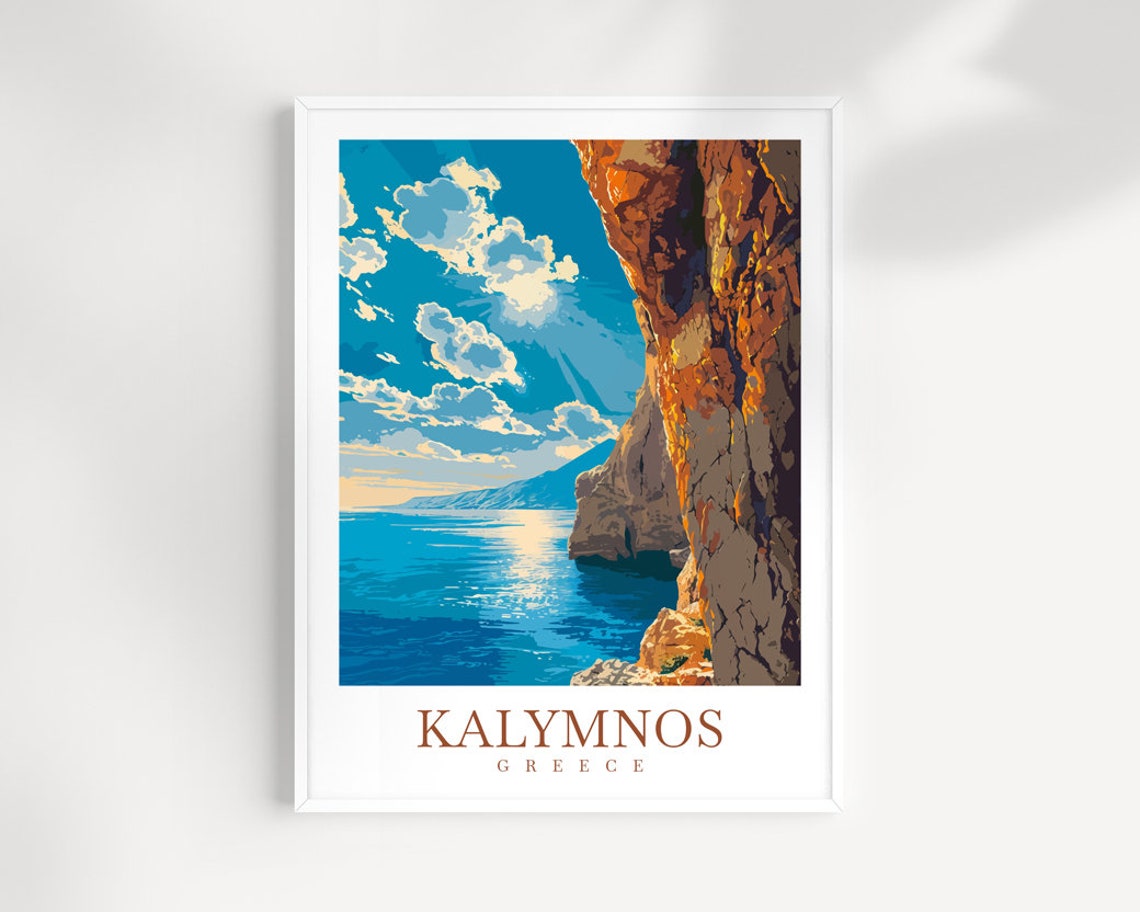Kalymnos Greece Golden Cliffs Bright Blue Aegean Sea Art Poster