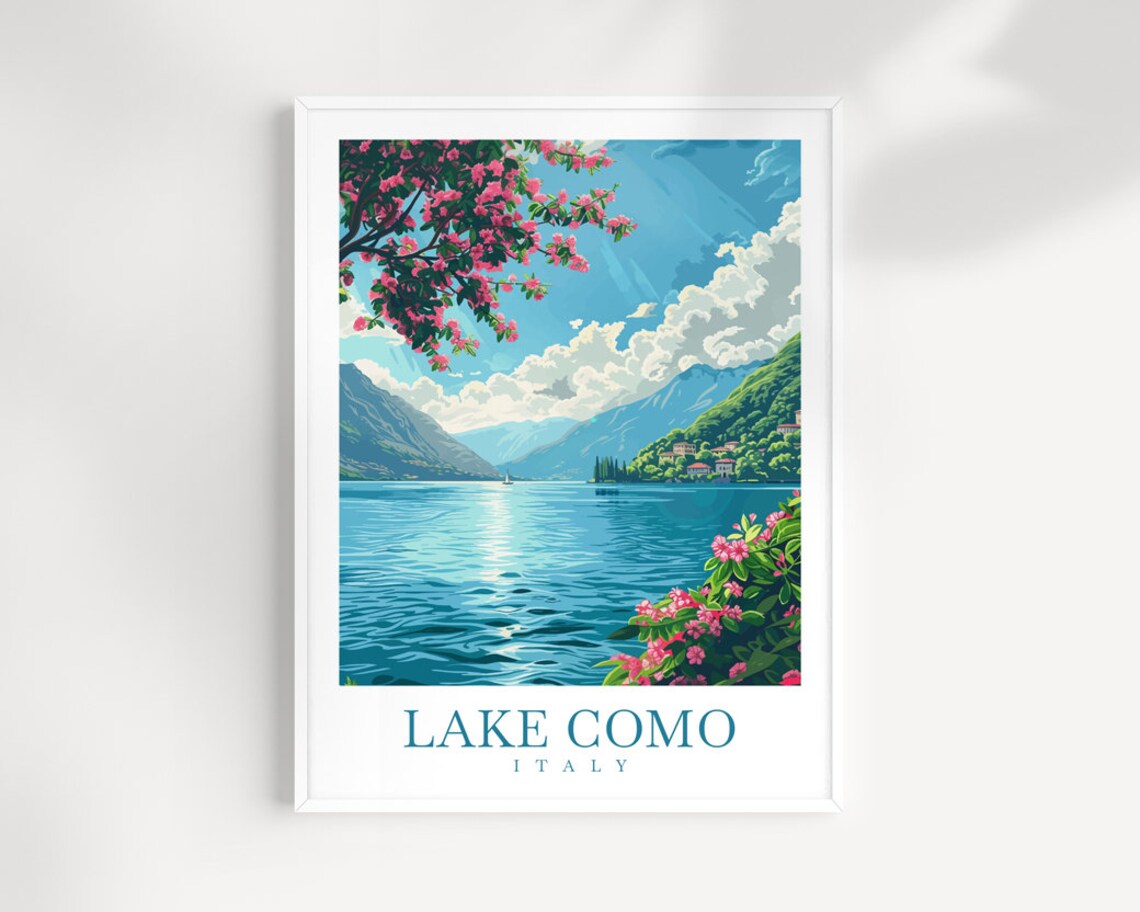 Lake Como Italy Blue Lake Mountain View Spring Blossom Travel Poster