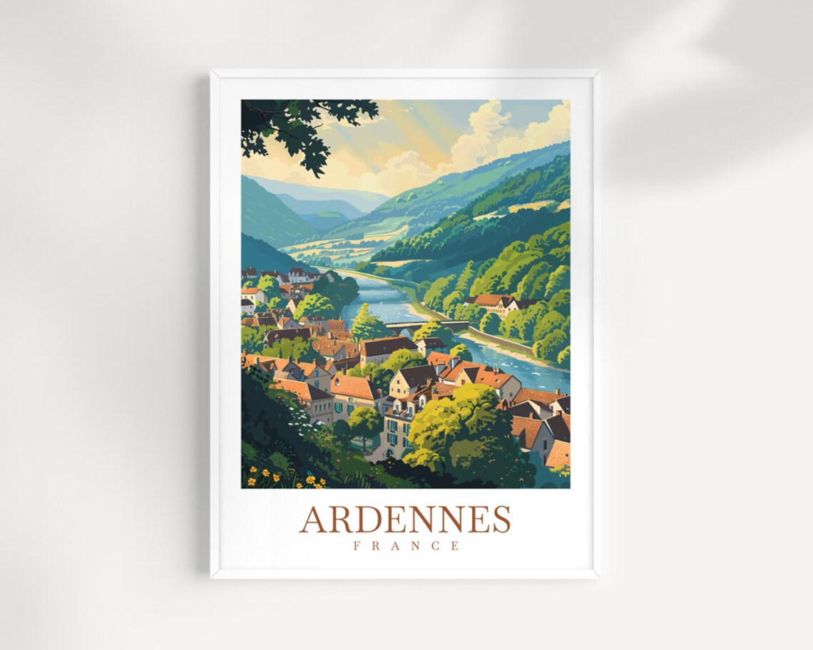 Ardennes France River Valley Village Green Hills Travel Poster