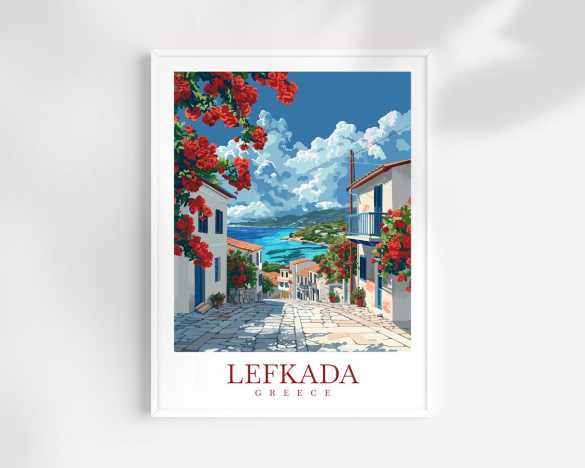 Lefkada Greece Village Street Bougainvillea Flowers Sea Poster