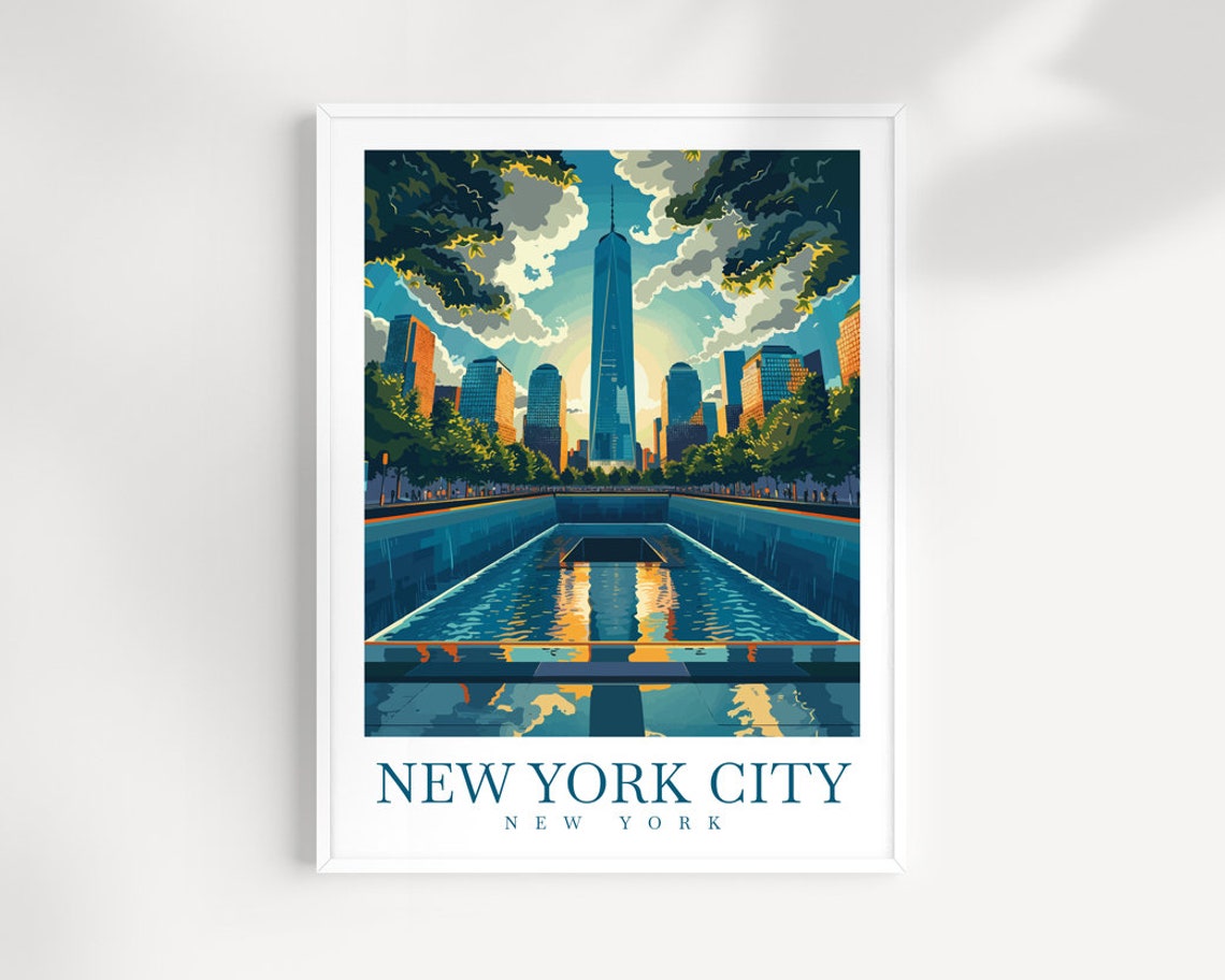 New York City Memorial Reflecting Pool Poster With Skyline Towers