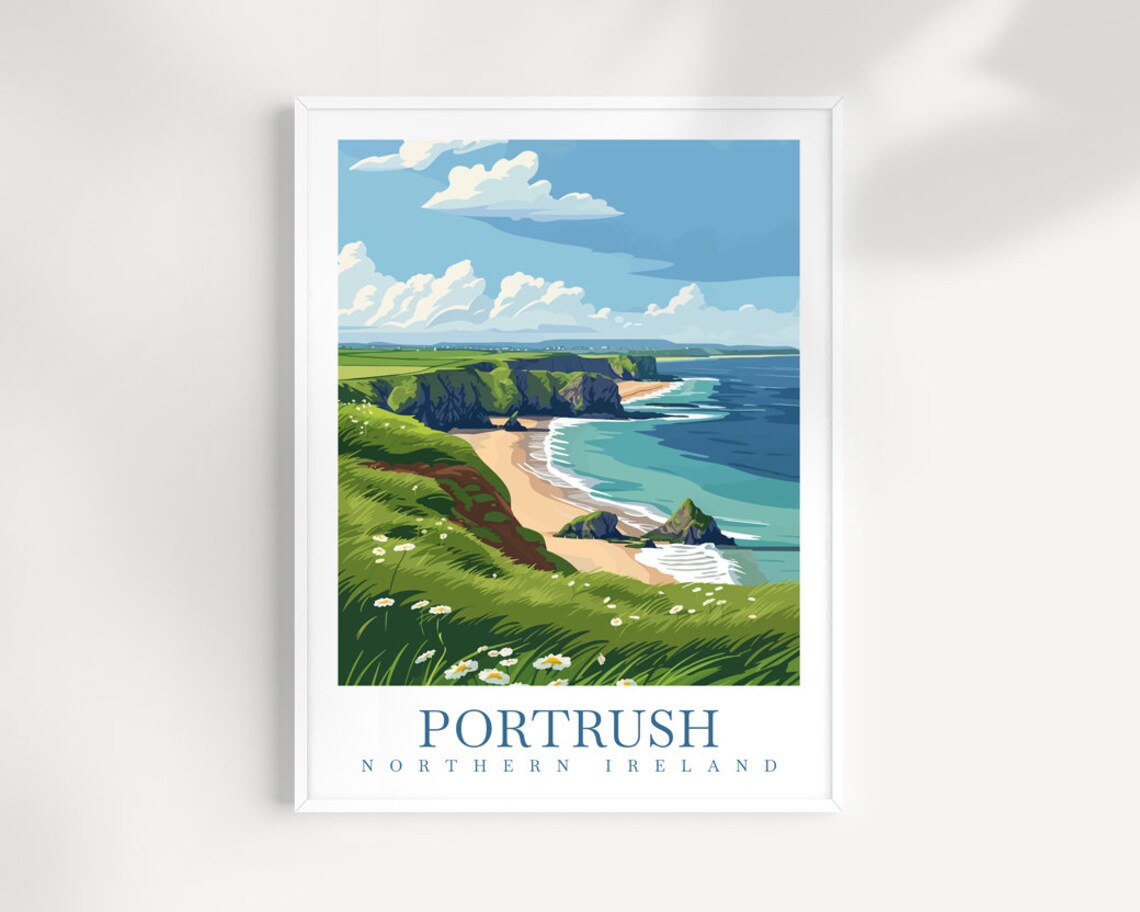 Portrush Northern Ireland Cliffs Coves and Sandy Beach Travel Poster