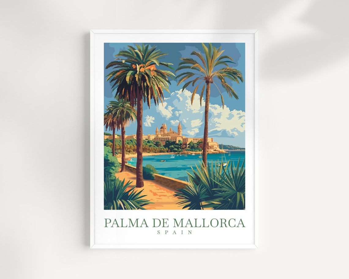 Palma De Mallorca Spain Cathedral Bay Poster With Tall Palm Trees