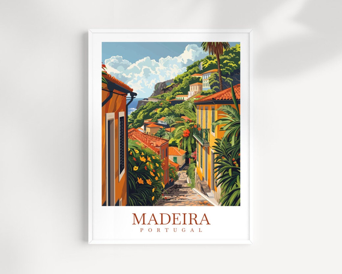 Madeira Portugal Colorful Street Hillside Village Travel Poster