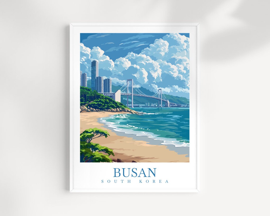 Busan South Korea Sea Bridge Skyline Beach Coast Travel Poster