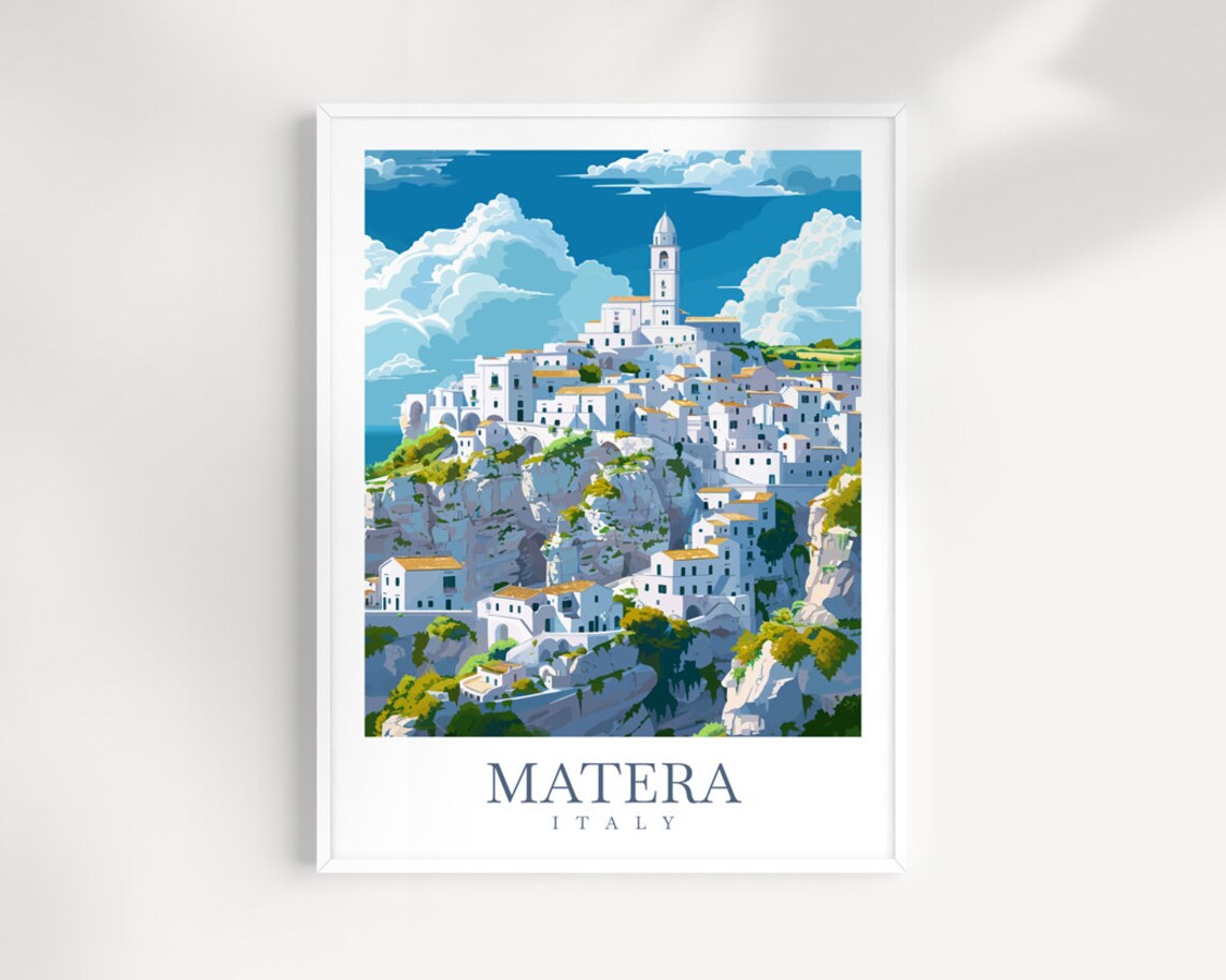 Matera Italy White Cliff Town Bell Tower Vintage Travel Poster