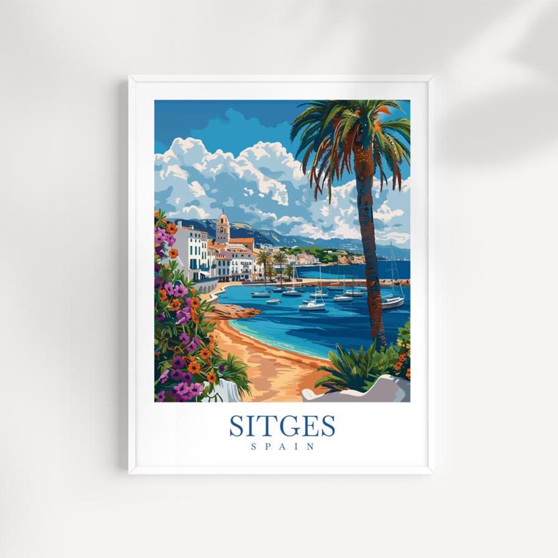 Sitges Spain Beach Harbor and Sailboats Mediterranean Coast Travel Poster